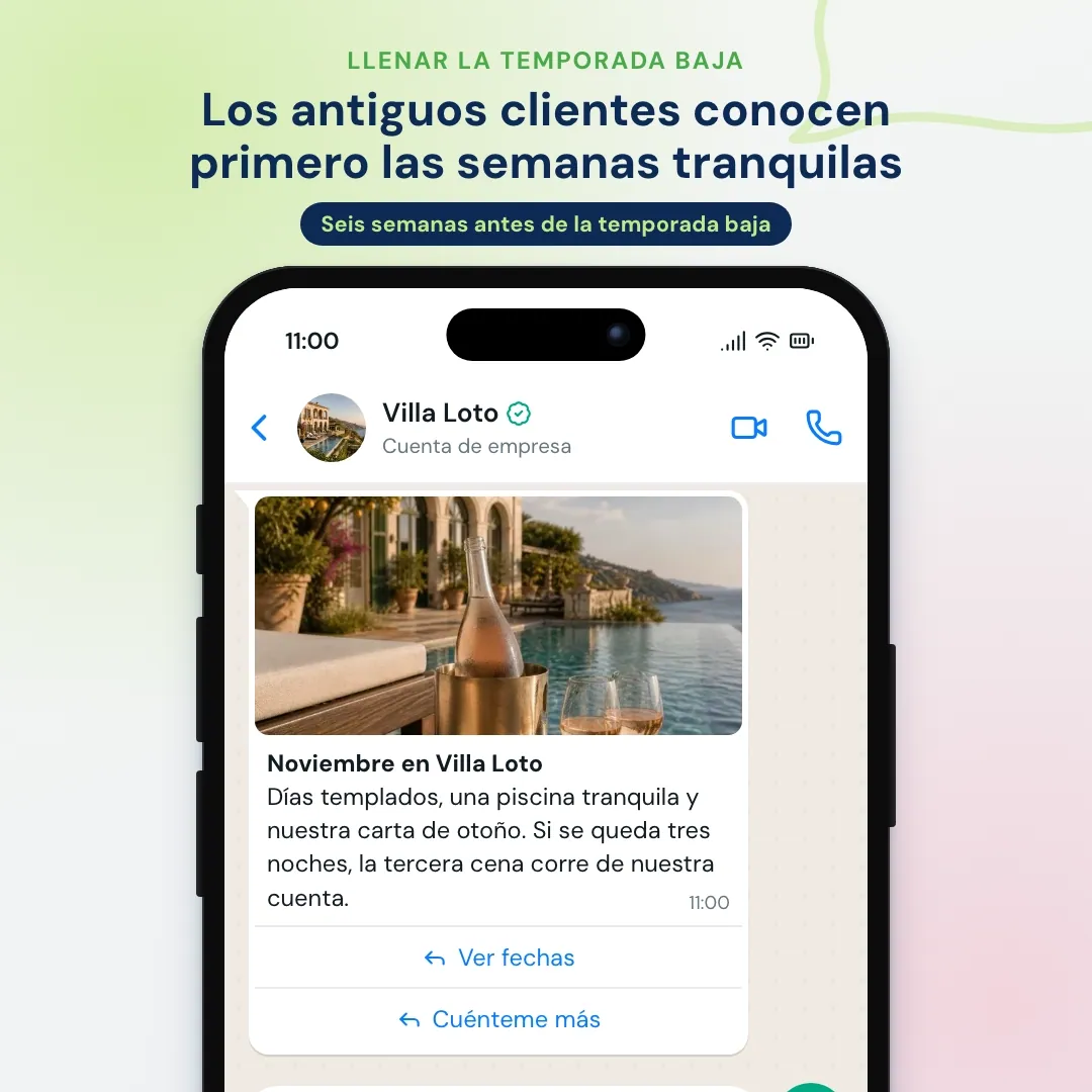 Oferta de temporada baja por WhatsApp a antiguos clientes del hotel: estancia de otoño con la tercera cena incluida, la clienta pregunta por el 14 al 17 de noviembre y reserva