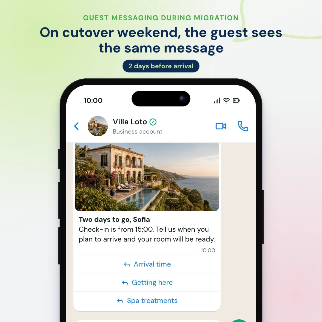 WhatsApp pre-arrival message from Villa Loto on cutover weekend: the guest taps Getting here, gets directions from Catania airport, asks about a late arrival and the AI answers that reception is open through the night