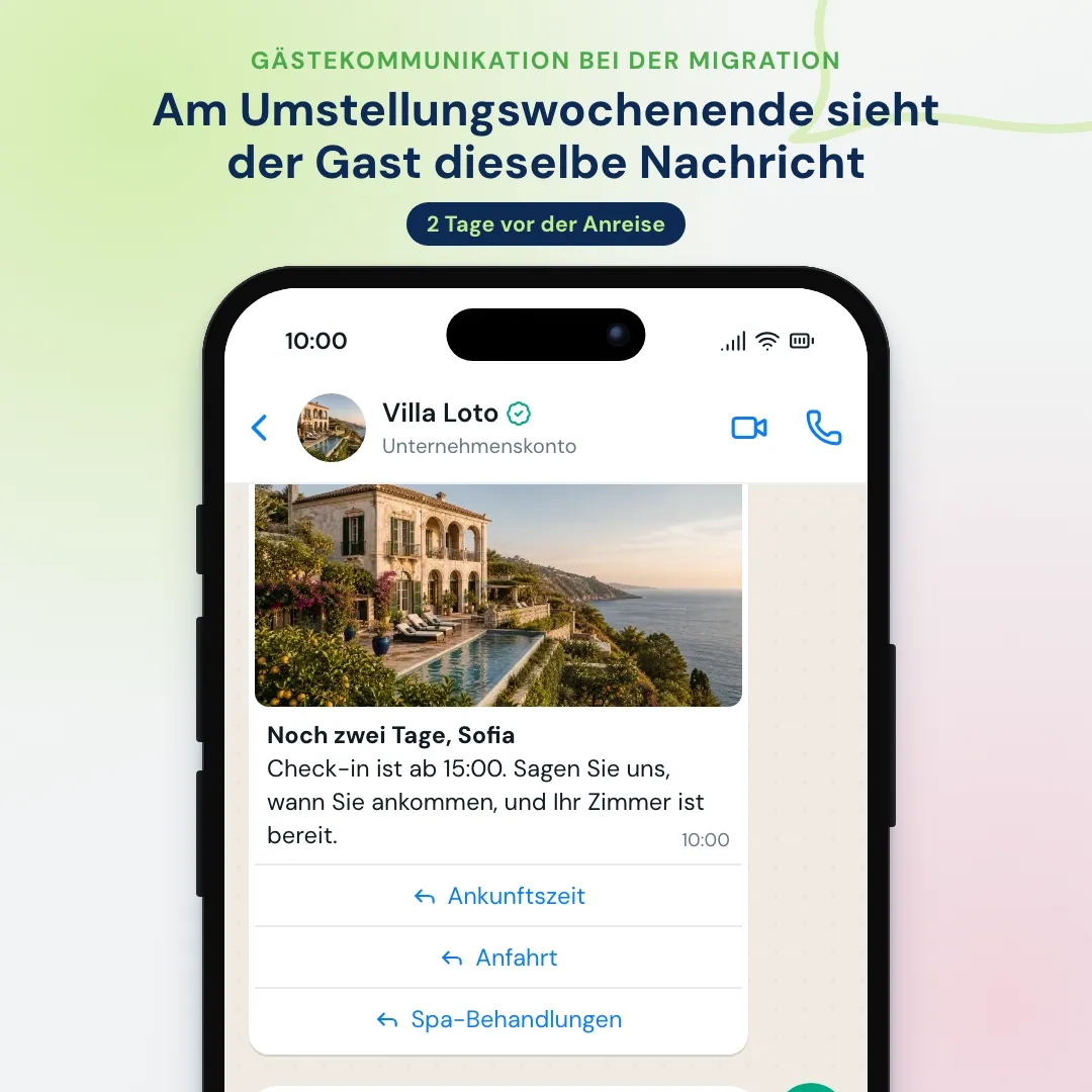 WhatsApp-Nachricht der Villa Loto vor der Anreise am Umstellungswochenende: Der Gast tippt auf Anfahrt, bekommt die Wegbeschreibung vom Flughafen Catania, fragt nach einer späten Ankunft, und die KI antwortet, dass die Rezeption die ganze Nacht besetzt ist
