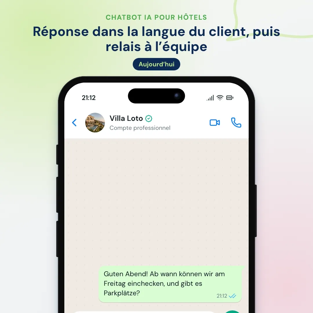 Chatbot IA pour hôtel sur WhatsApp qui répond en allemand à un client au sujet du check-in et du parking, puis transmet une demande de fleurs à la réception