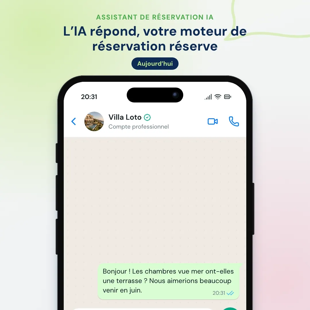 Assistant de réservation IA pour hôtels sur WhatsApp : l’IA répond à une question sur la chambre et envoie le lien vers le moteur de réservation avec les dates et le nombre de personnes déjà remplis