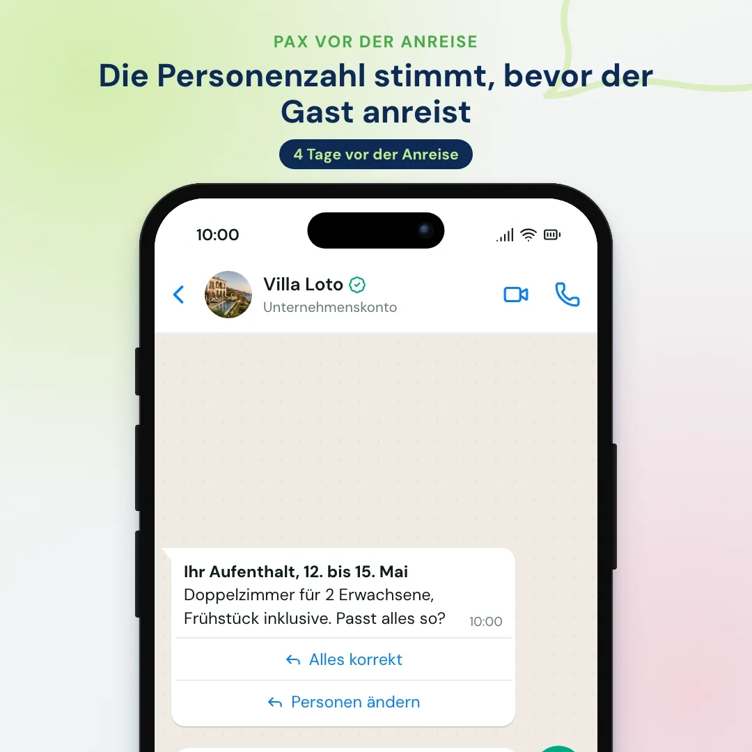 WhatsApp-Nachricht eines Hotels vor der Anreise bestätigt die Pax-Zahl; der Gast ergänzt ein Kind und die Rezeption ändert die Buchung auf 3 Personen
