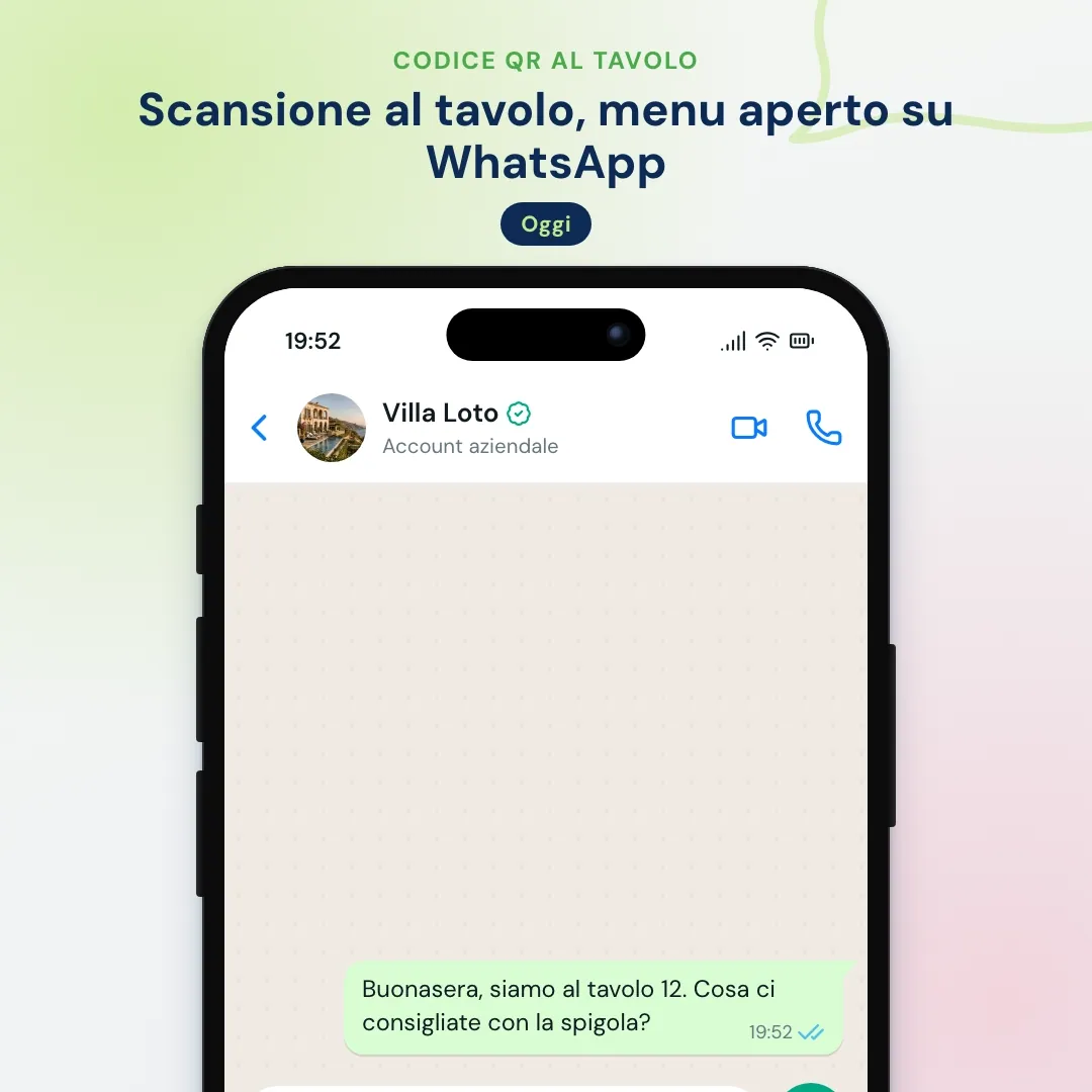 Al tavolo 12 del ristorante hotel un cliente chiede su WhatsApp cosa abbinare alla spigola; l'IA suggerisce un Grüner Veltliner al calice