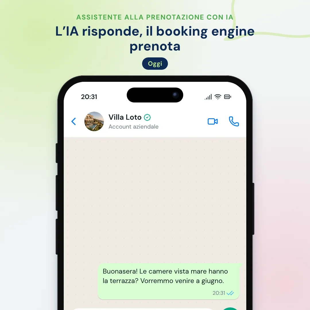 Assistente alla prenotazione con IA per hotel su WhatsApp: l'IA risponde su una camera e invia il link al booking engine con date e persone