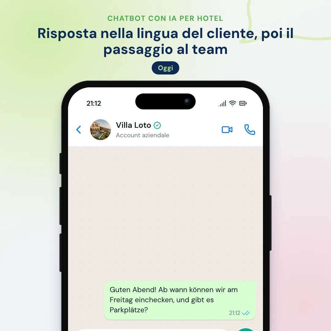 Chatbot con IA per hotel su WhatsApp: risponde in tedesco su check-in e parcheggio e passa alla reception la richiesta di fiori in camera