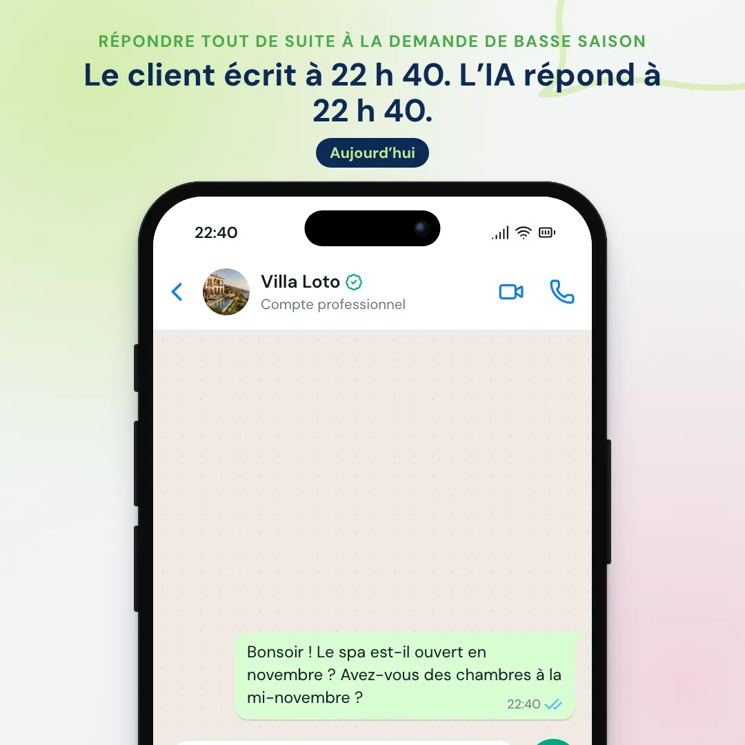 Demande nocturne à l’hôtel par WhatsApp sur le spa et les chambres en novembre : l’IA répond et envoie la page de réservation avec les dates du client