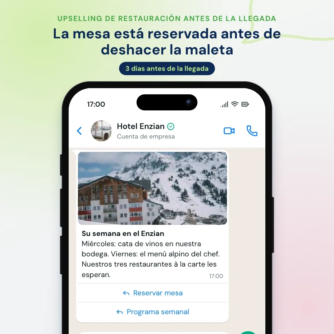 Mensaje de WhatsApp de un restaurante de hotel antes de la llegada: el huésped reserva mesa para el viernes a las 19:30 y acepta el maridaje de vinos