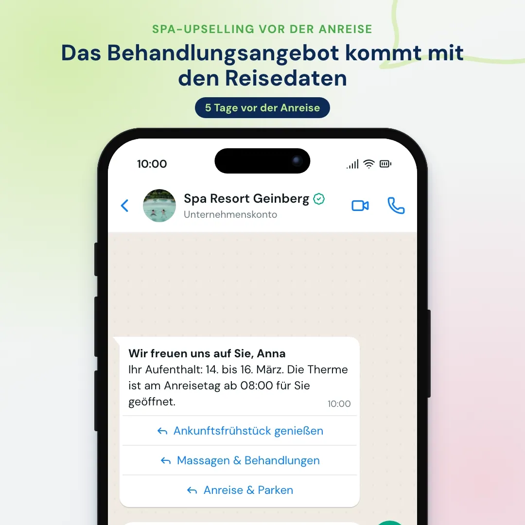 WhatsApp-Nachricht vor der Anreise mit Button Massagen & Behandlungen: Der Gast fragt nach einer Paarmassage und wählt 16:30