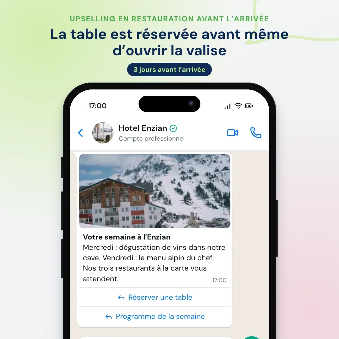 Message WhatsApp d’un restaurant d’hôtel avant l’arrivée : le client réserve une table pour vendredi à 19 h 30 et accepte l’accord mets et vins