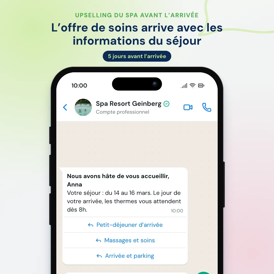Message WhatsApp avant l’arrivée avec un bouton Massages et soins : la cliente demande un massage pour deux et choisit le créneau de 16 h 30