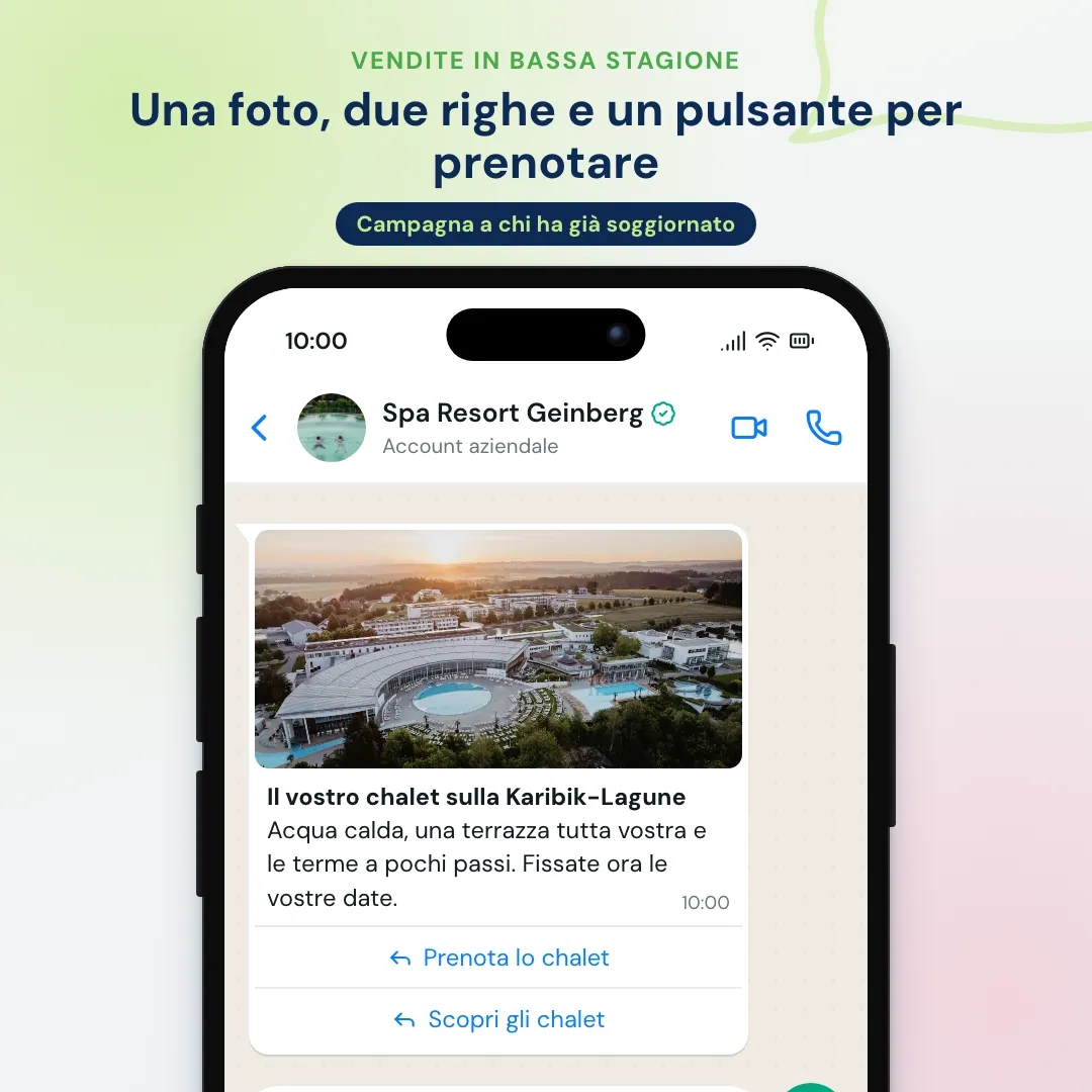 Vendite dell'hotel in bassa stagione con campagna WhatsApp ai clienti passati: foto dello chalet Karibik-Lagune e pulsante Prenota lo chalet