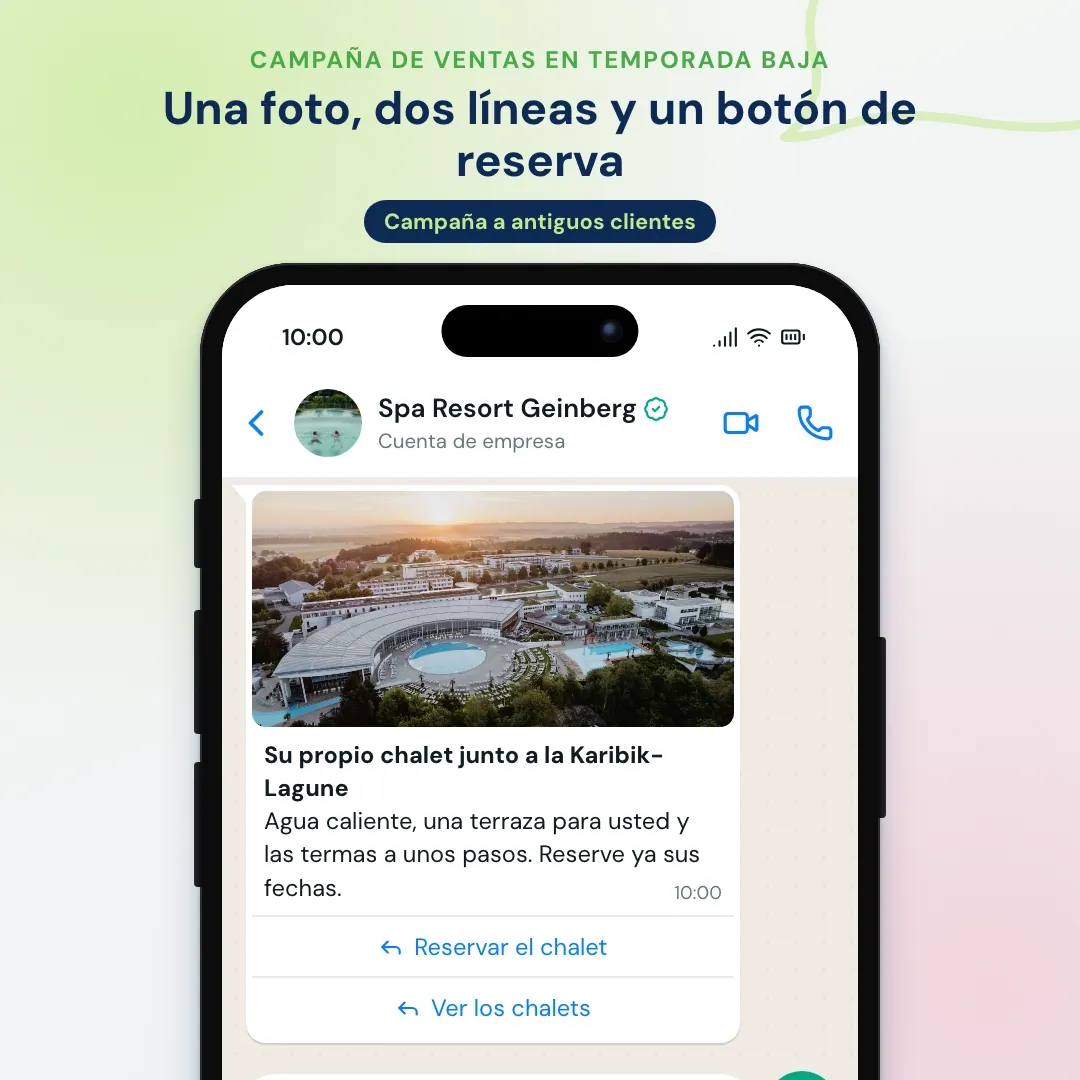 Campaña de ventas de temporada baja de un hotel por WhatsApp a antiguos clientes: foto del chalet Karibik-Lagune con el botón Reservar el chalet y enlace a la página de reserva