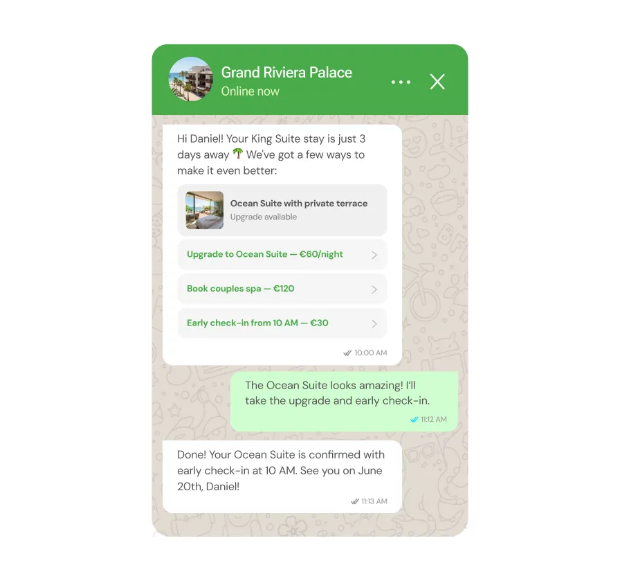 chatlyn Upsell-Nachricht vor der Anreise auf WhatsApp